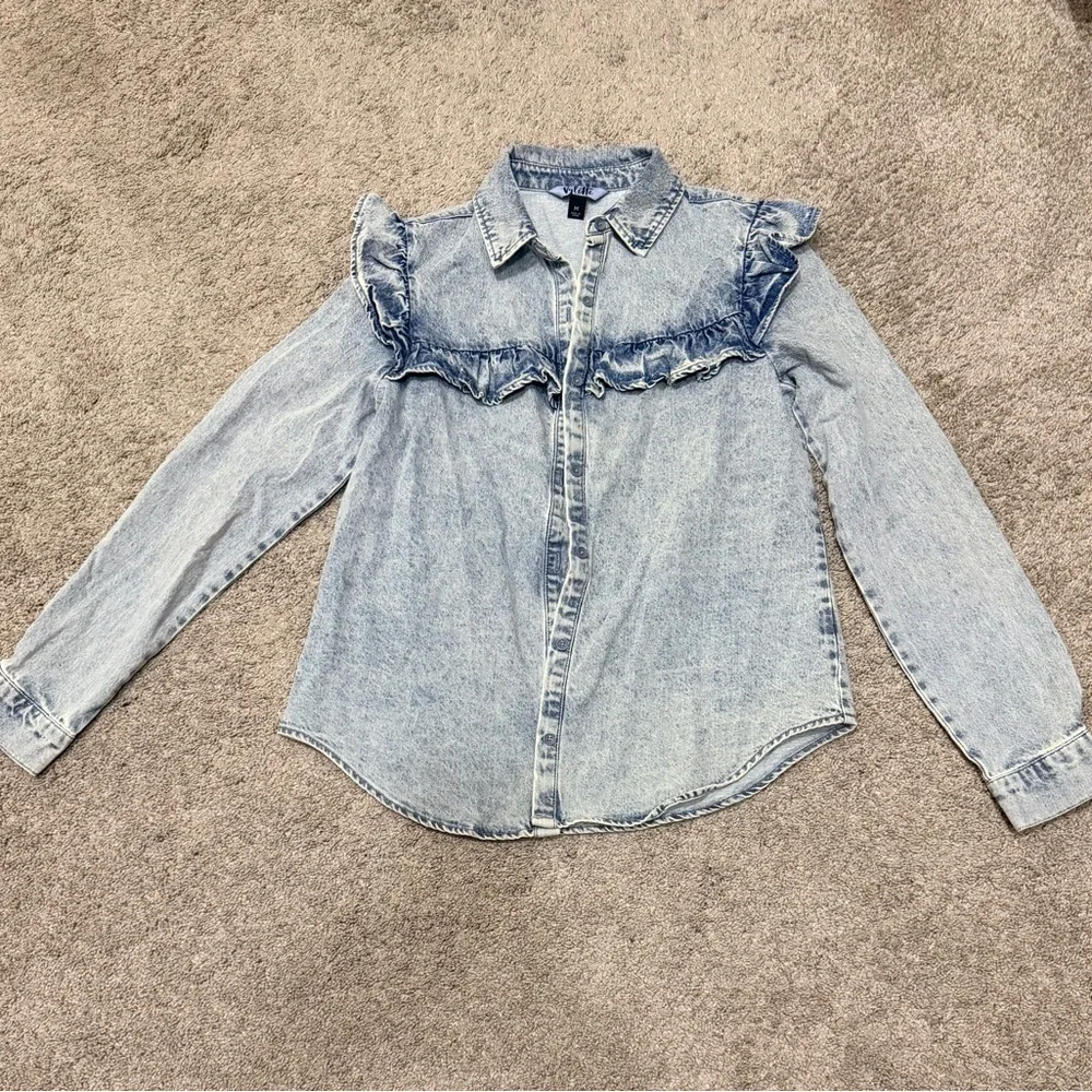Vylette Ruffled Denim Button-Up - Picture 1 of 4